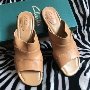 Clarks Leather Tan Slip On Heeled Sandals